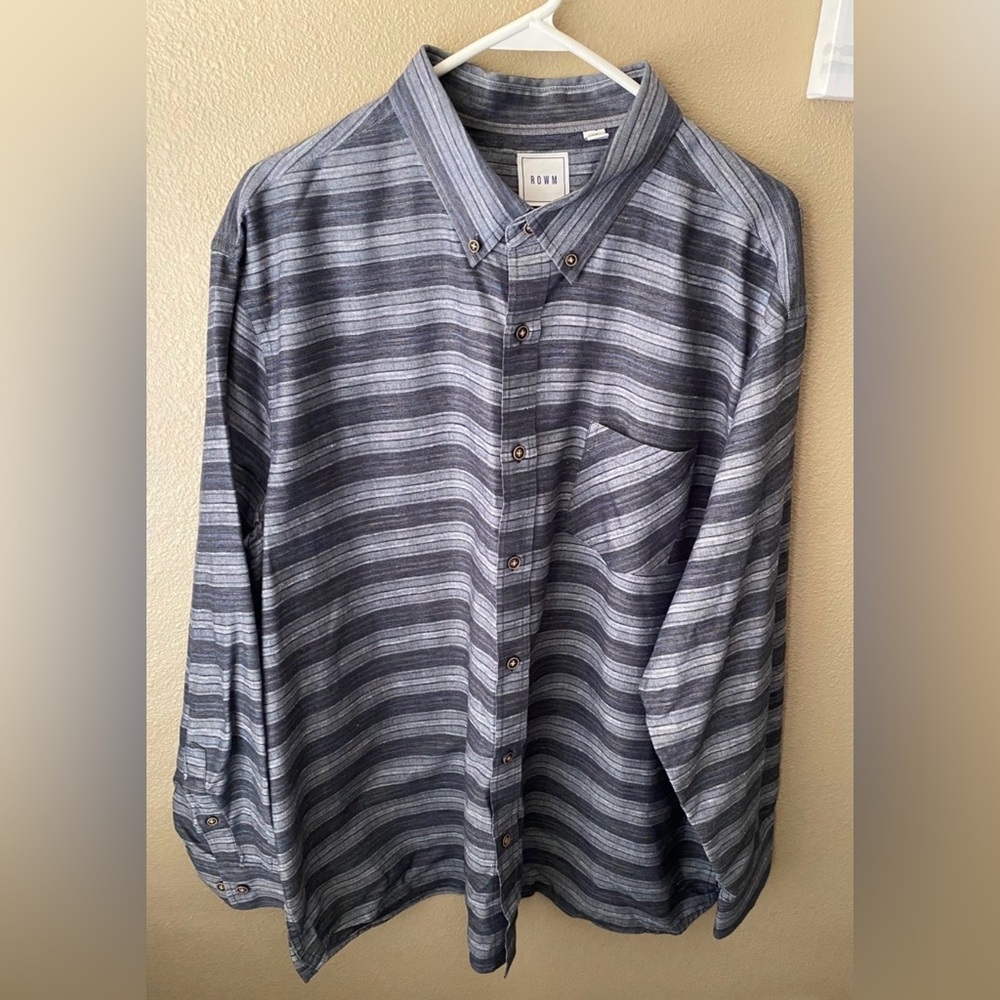 ROWM Men’s Long Sleeve Shirt – Grey Stripes, Cotton/Poly, XXL